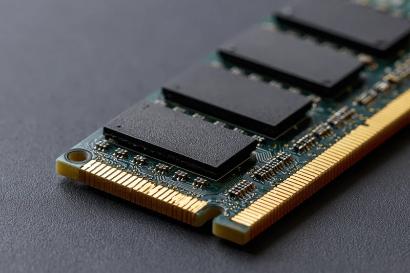 Close-up of a ddr ram memory module lying flat on a dark surface
