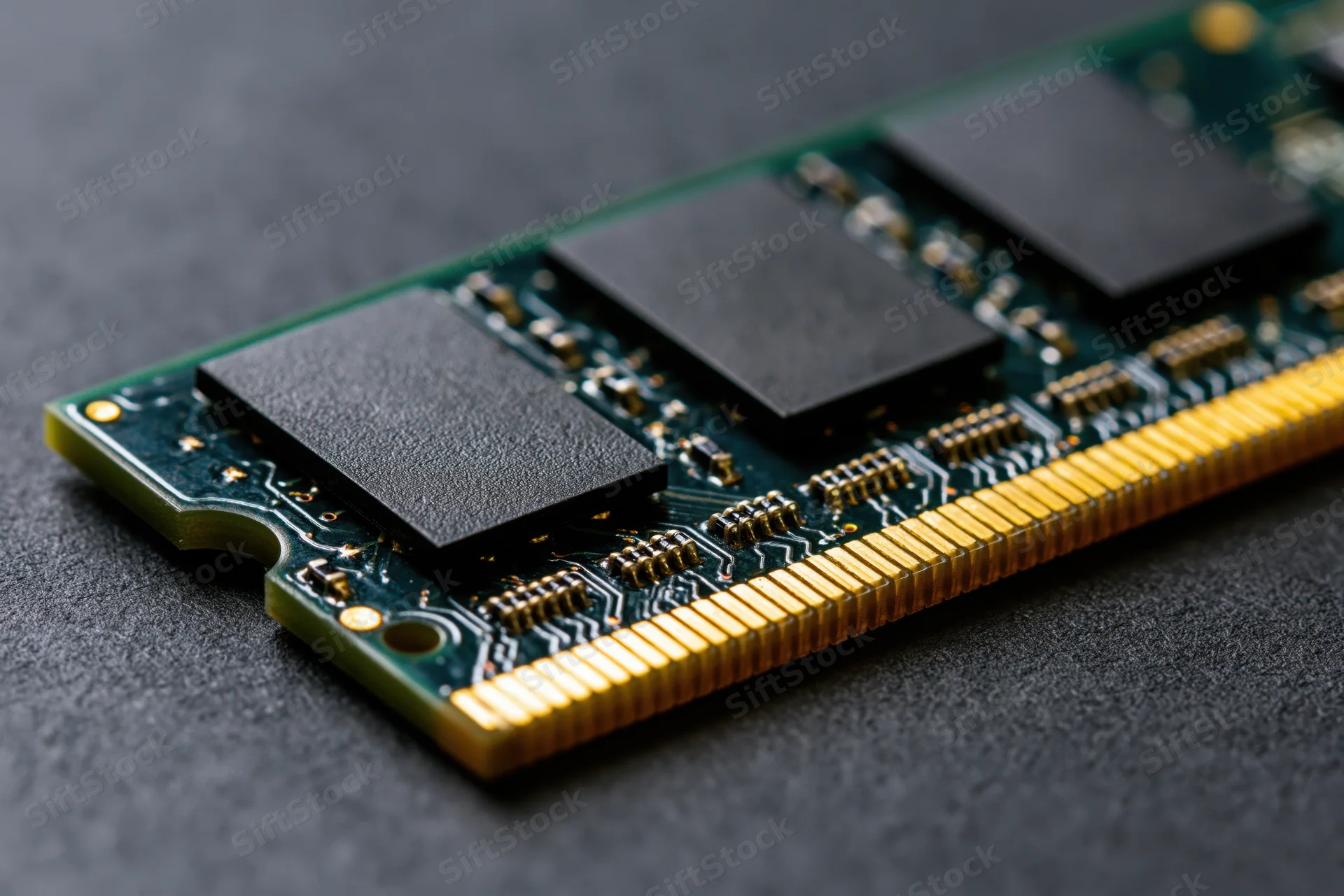 Close-up of a ddr ram memory module on a dark surface