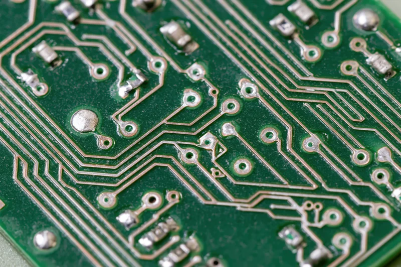 Close-up of a green printed circuit board with copper traces and soldered components