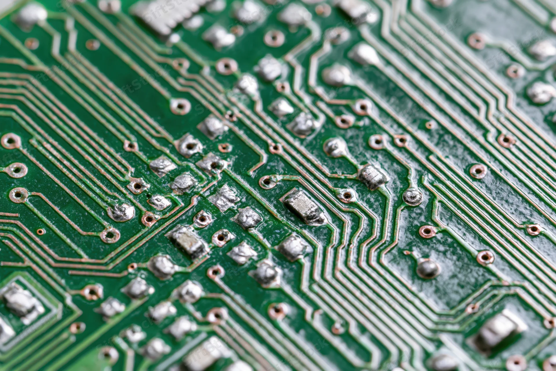 Close-up of a green printed circuit board with copper traces and soldered components