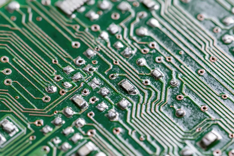 Close-up of a green printed circuit board with copper traces and soldered components