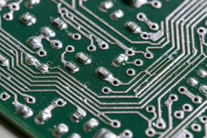 Close-up of a green printed circuit board with copper traces and soldered components