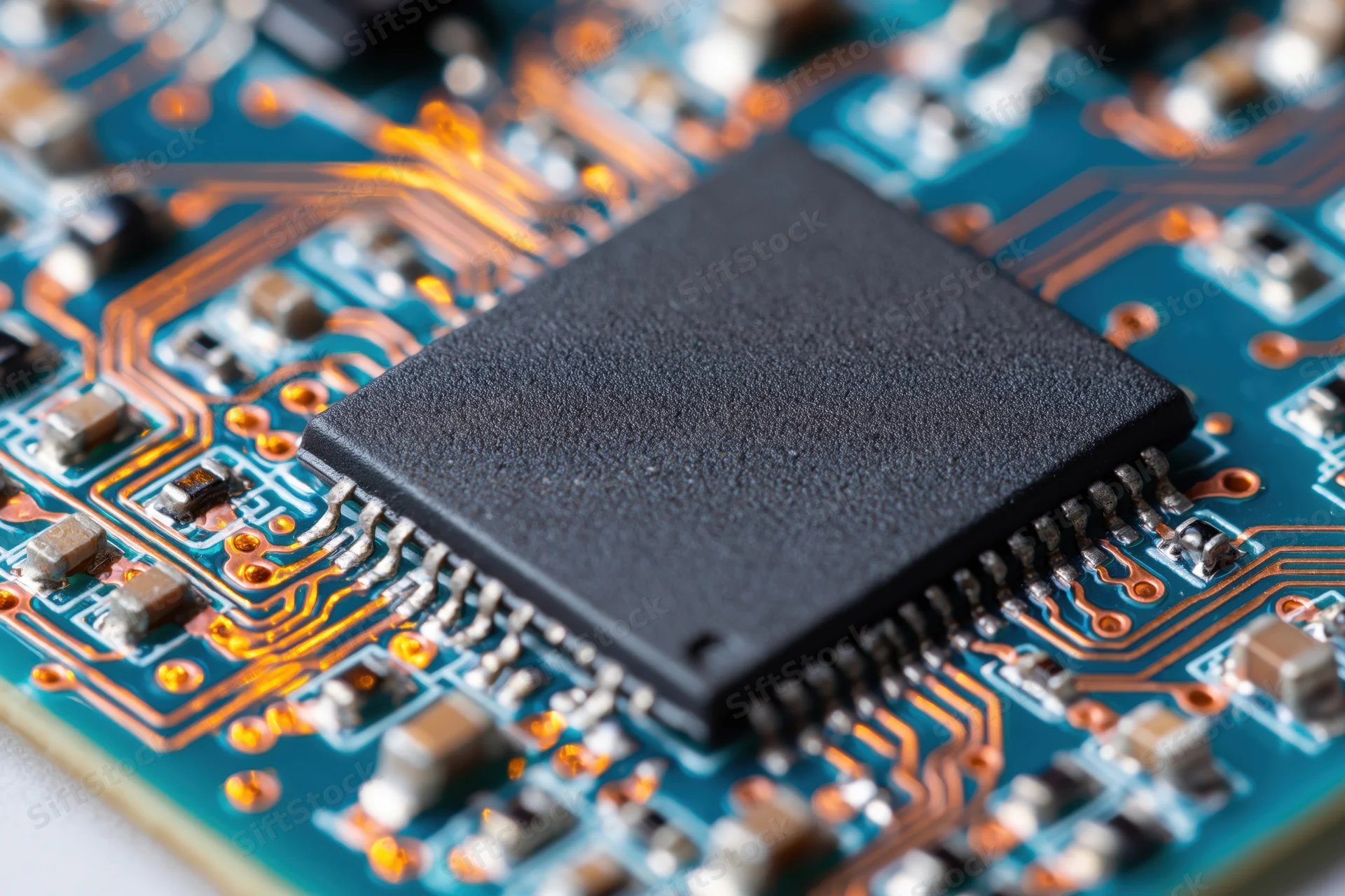 Close-up of a black microchip mounted on a blue circuit board with copper traces and surface-mount components