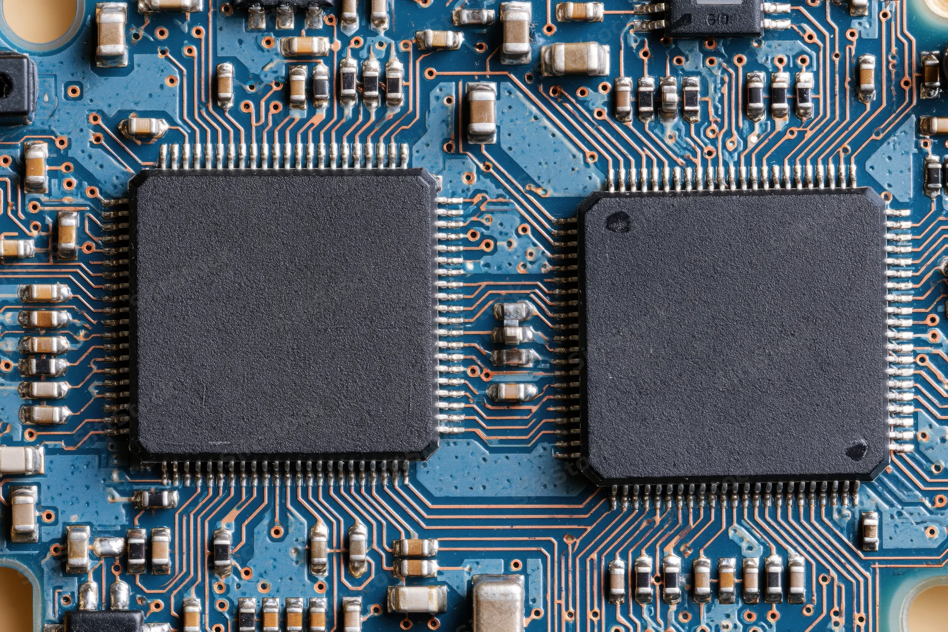 Close-up of two black microchips on a blue printed circuit board with copper traces and surface-mount components
