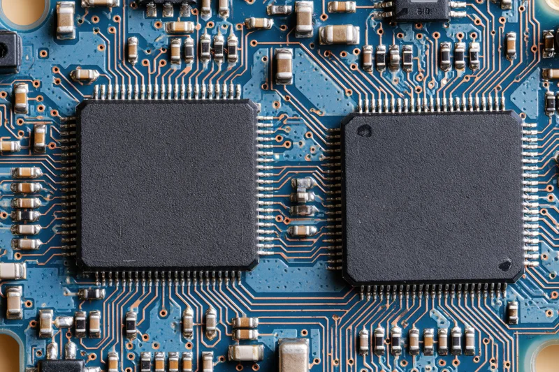 Close-up of two black microchips on a blue printed circuit board with copper traces and surface-mount components