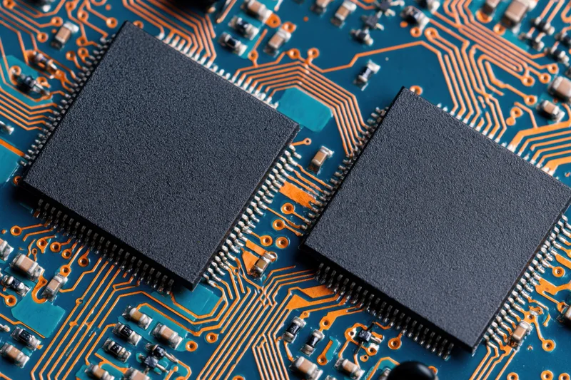 Two black microchips mounted on a blue circuit board with copper traces and small electronic components