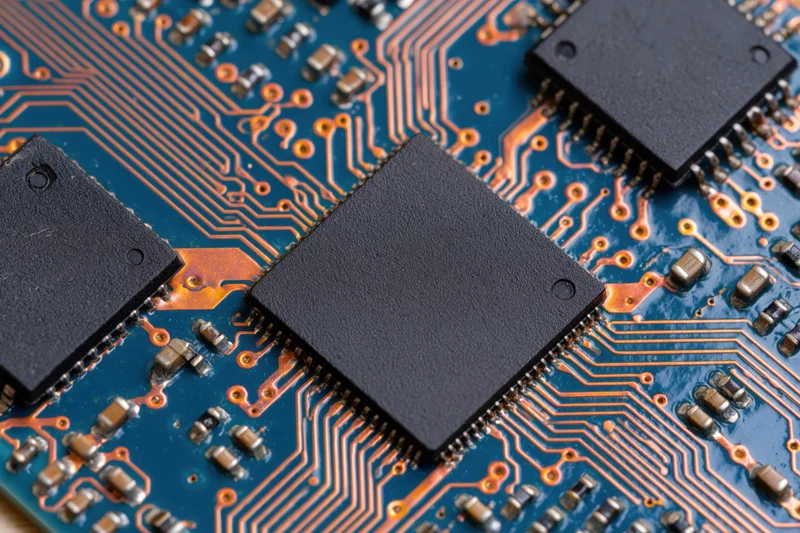Close-up of black microchips mounted on a blue circuit board with copper traces and surface-mount components