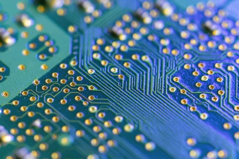 Close-up of a blue and green circuit board with gold solder points and intricate pathways
