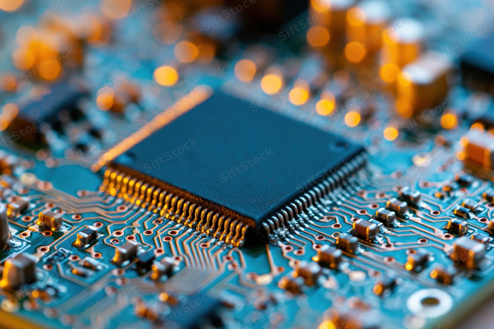 Close-up of a microchip on a blue circuit board with golden connectors and blurred background