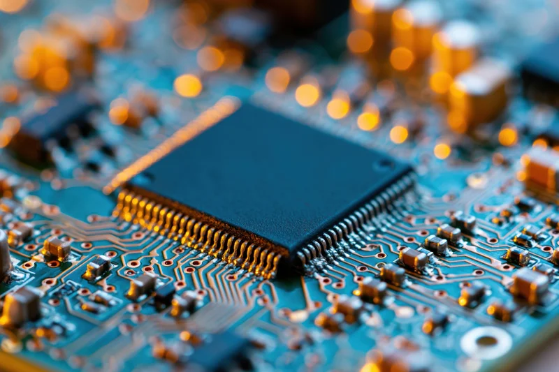 Close-up of a microchip on a blue circuit board with golden connectors and blurred background