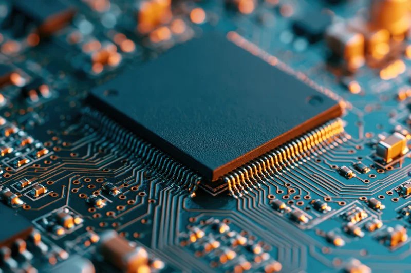 Close-up of a microchip mounted on a blue circuit board with gold connectors and intricate traces