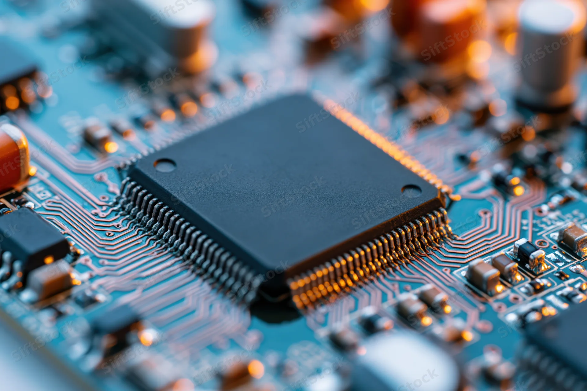 Close-up of a black microchip mounted on a blue circuit board with copper traces and electronic components