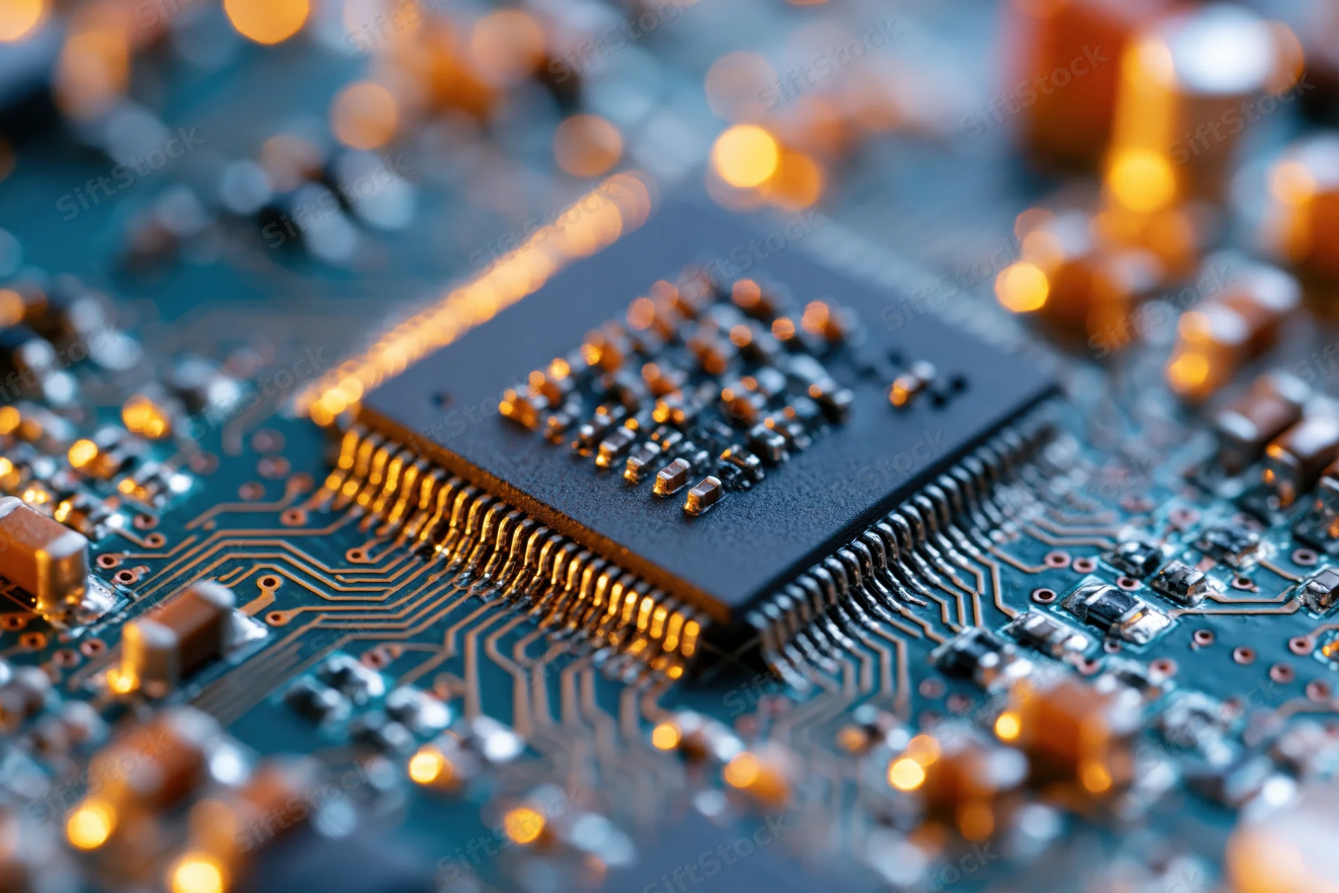 Close-up of a microchip mounted on a blue circuit board with golden connectors and intricate pathways