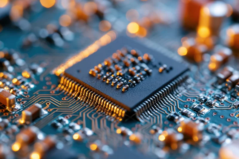 Close-up of a microchip mounted on a blue circuit board with golden connectors and intricate pathways