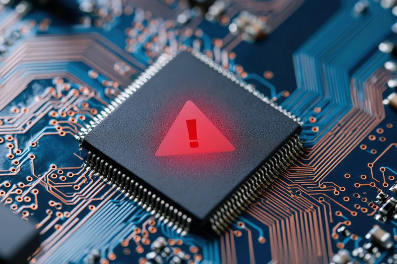 Close-up of a computer motherboard with a warning symbol on a central chip