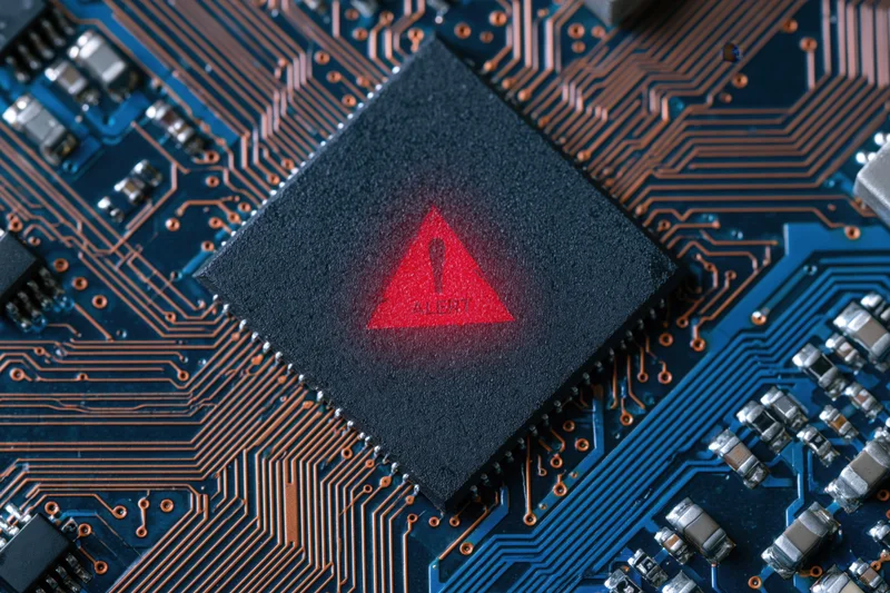 Close-up of a black microchip with glowing red alert symbol on a blue circuit board
