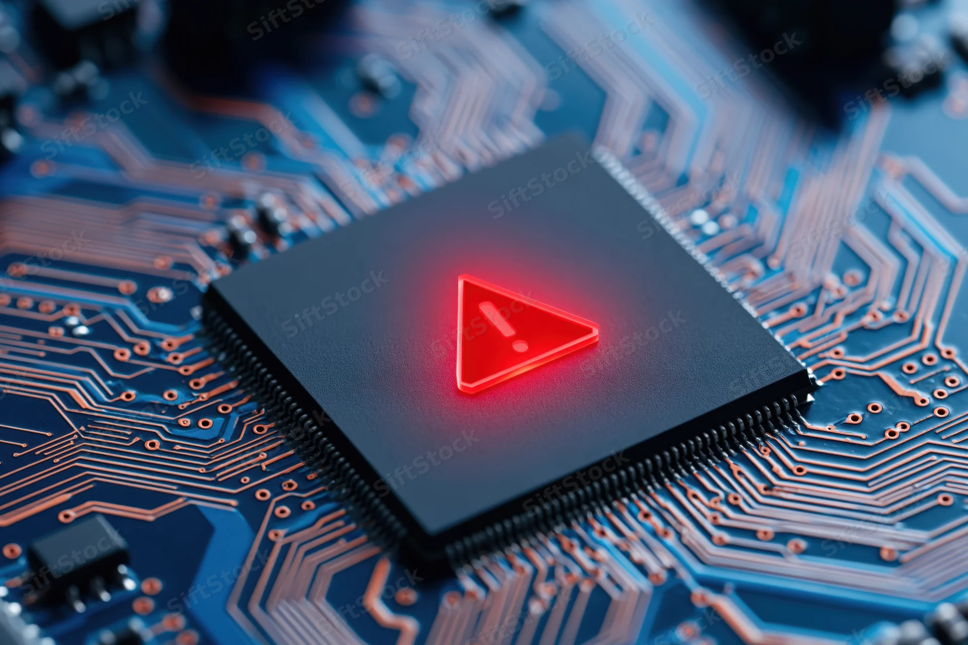 Close-up of a computer chip with a glowing red warning symbol on a blue circuit board