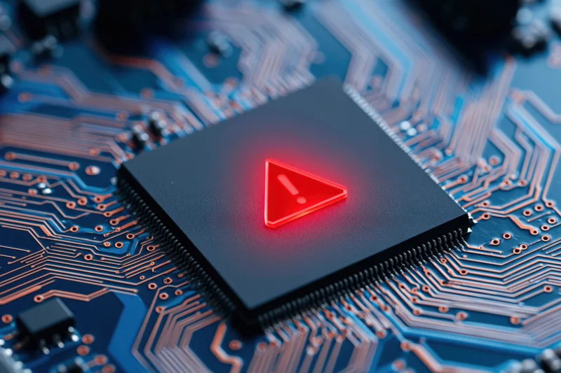 Close-up of a computer chip with a glowing red warning symbol on a blue circuit board