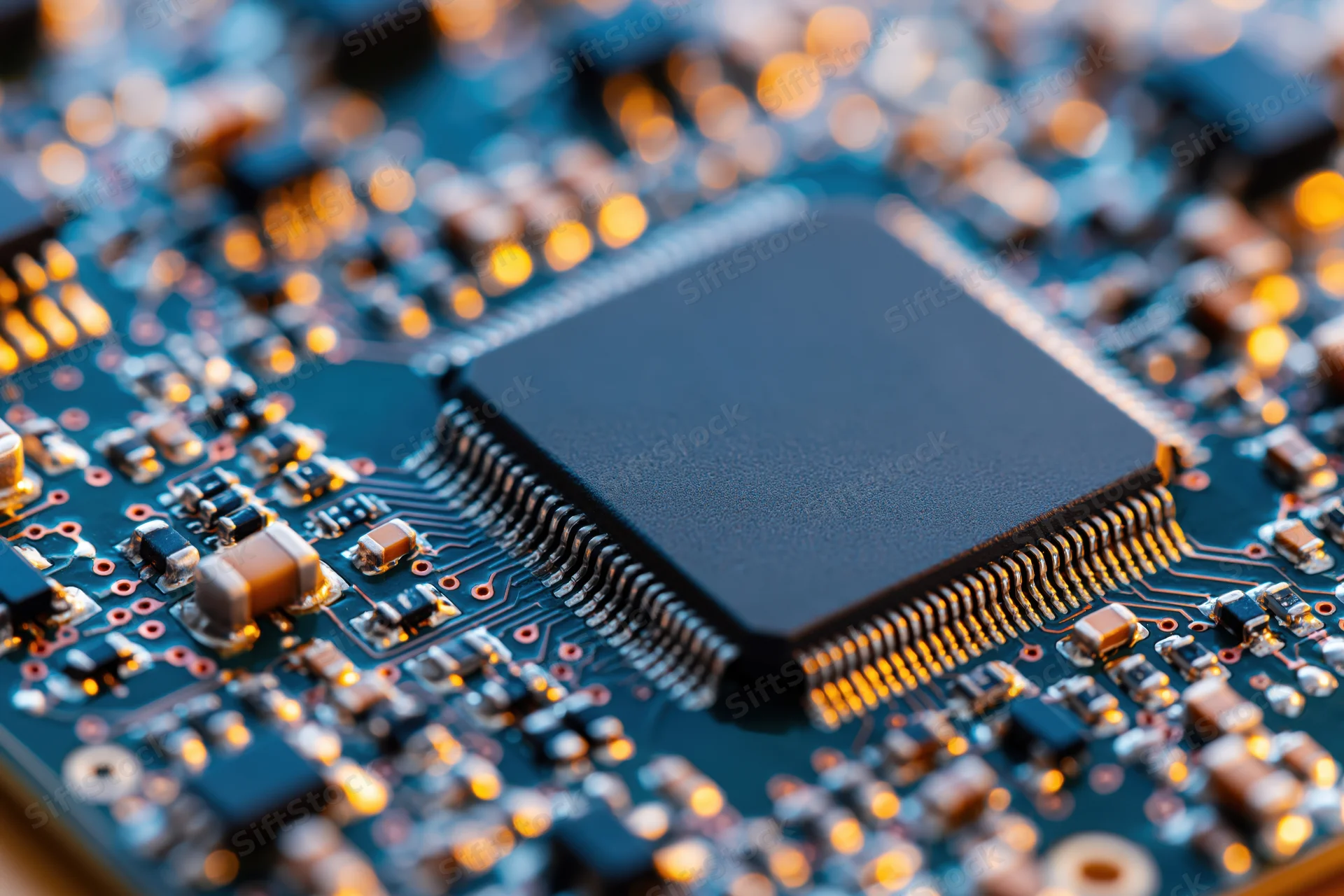 Close-up of a microchip mounted on a blue printed circuit board with surrounding electronic components