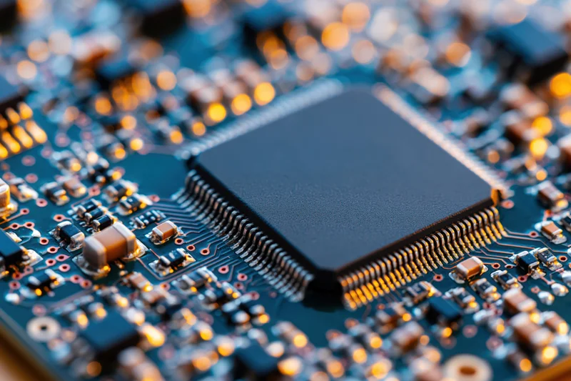 Close-up of a microchip mounted on a blue printed circuit board with surrounding electronic components