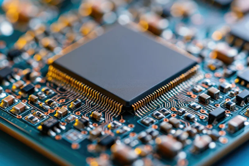 Close-up of a microchip mounted on a circuit board with visible electronic components and copper traces