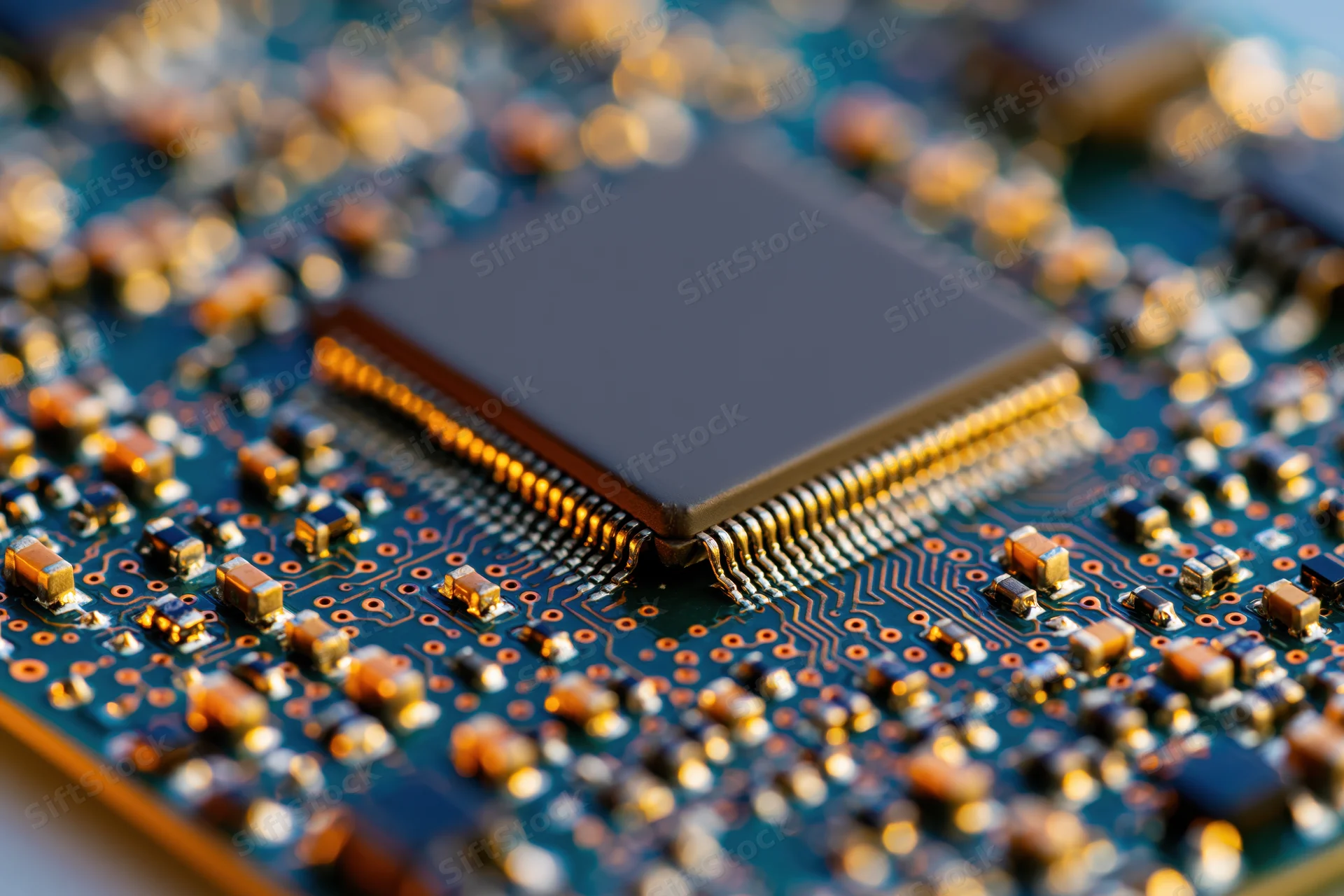 Close-up of a microchip mounted on a blue circuit board with surrounding electronic components