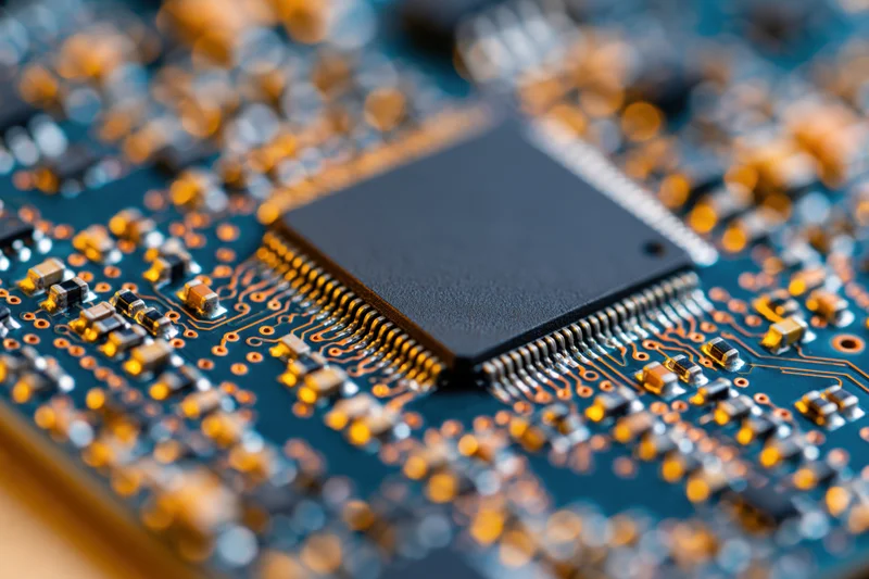 Close-up of a microchip mounted on a blue circuit board with copper traces and electronic components