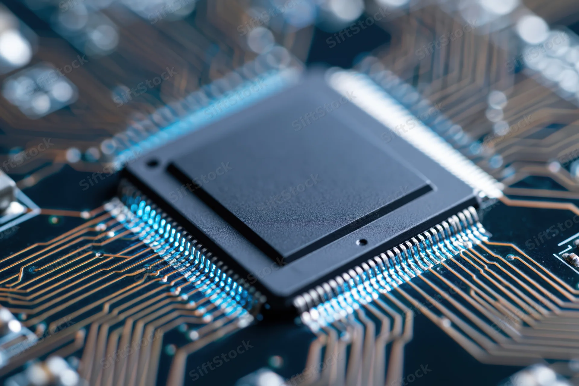 Close-up of a square cpu processor chip mounted on a circuit board with visible traces and connections