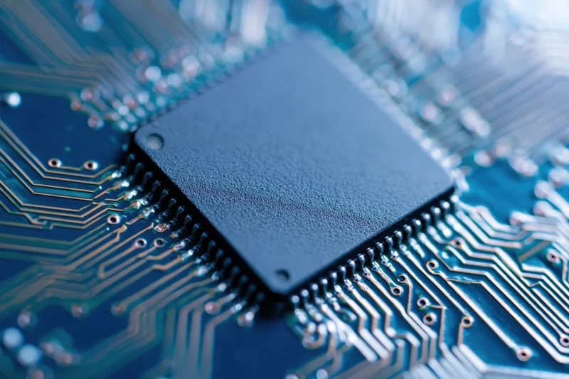 Close-up of a square cpu processor chip mounted on a blue circuit board