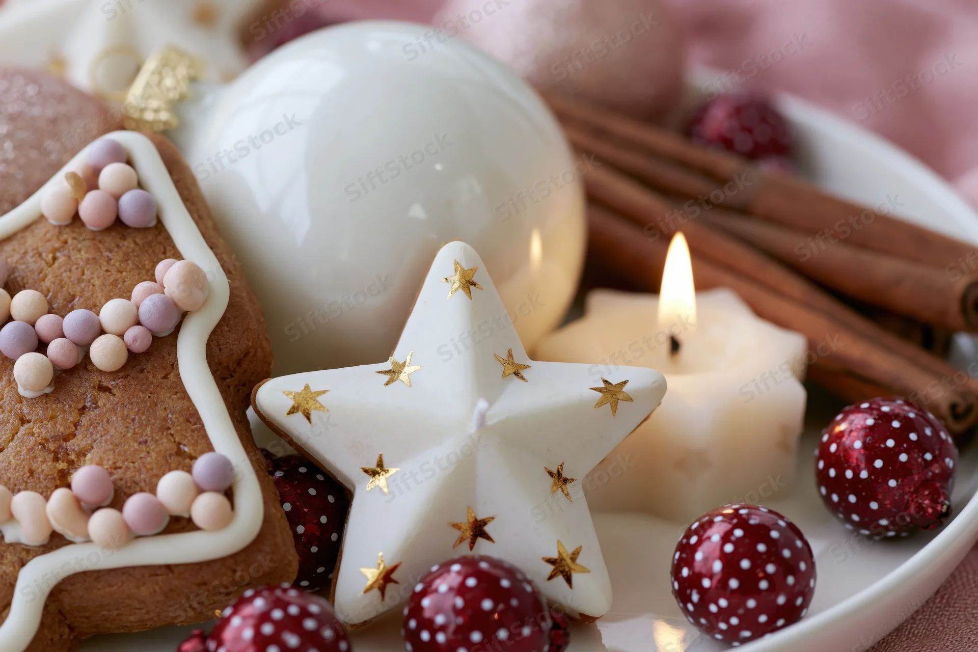Gingerbread cookie with white icing and pastel beads beside a star-shaped candle and red polka-dot ornaments on a plate