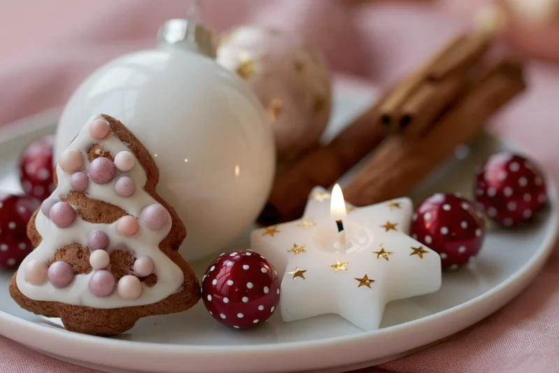 Gingerbread cookie shaped like a tree with white icing and pink candies on a plate with a lit star candle, red polka-dot ornaments, cinnamon sticks, and white baubles