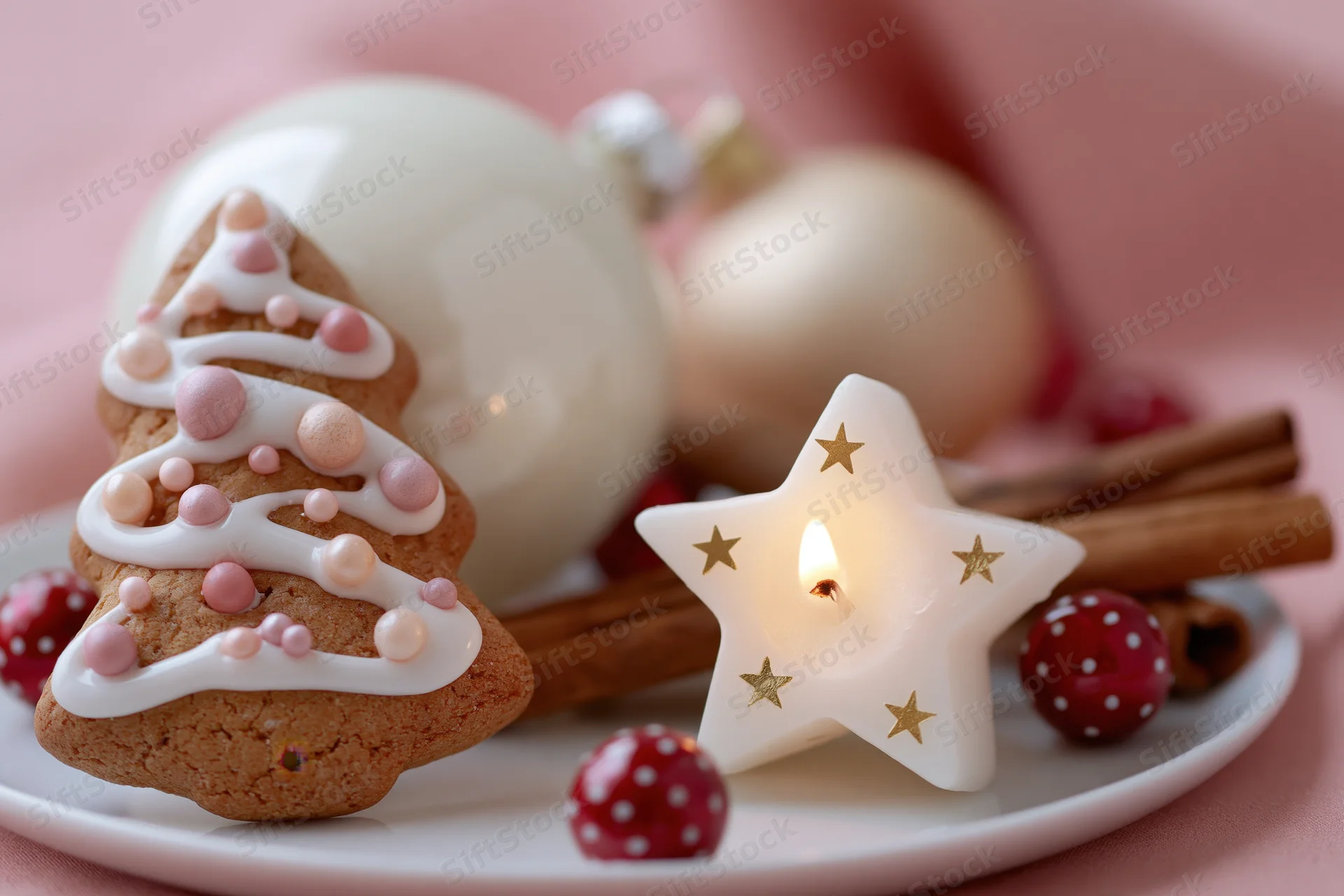 Gingerbread tree cookie with white icing and pink pearls on a plate beside a lit star candle and holiday ornaments