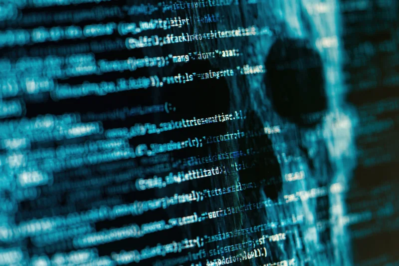 Glowing lines of code on a dark computer screen closeup