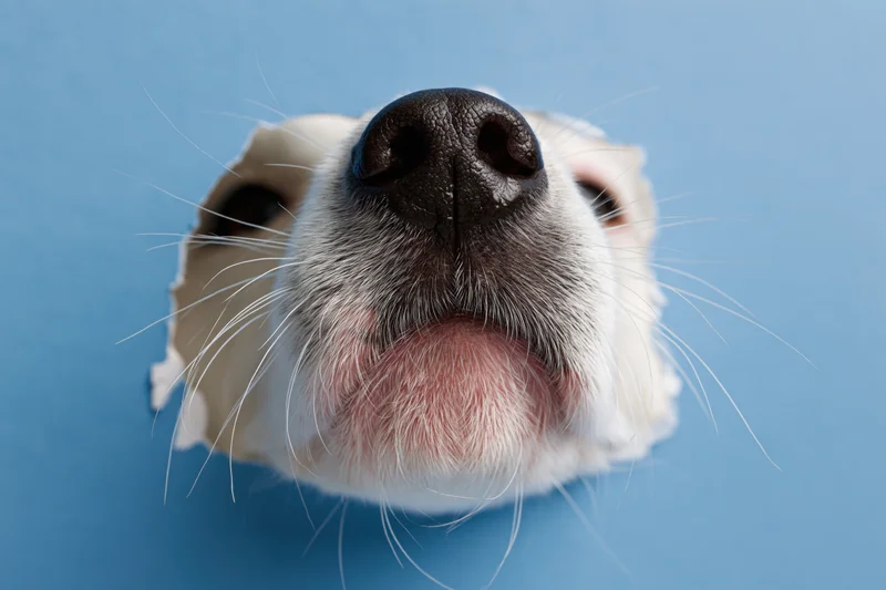 Dog nose and muzzle poking through torn hole in blue paper