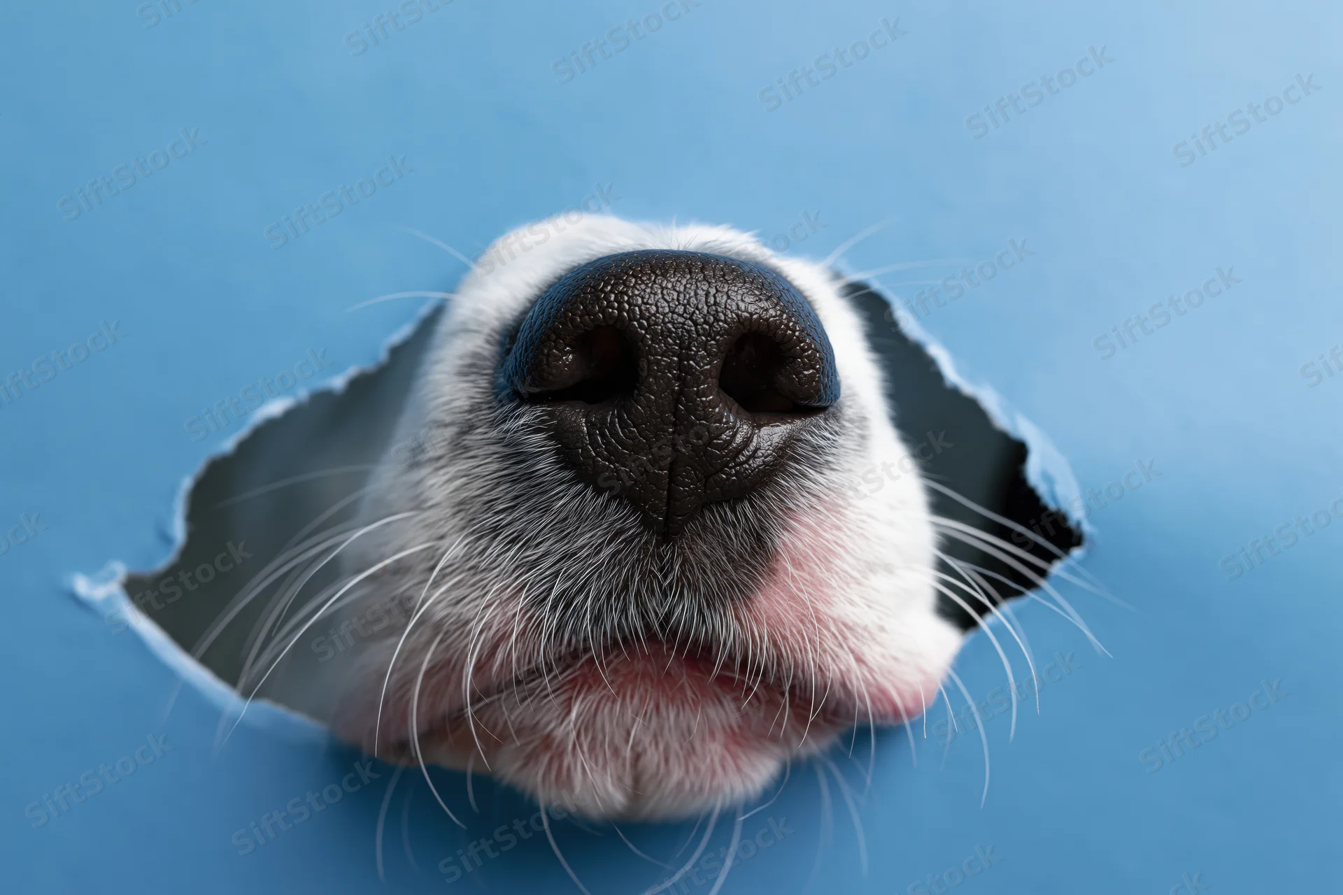 Dog nose and muzzle peeking through a torn hole in blue paper