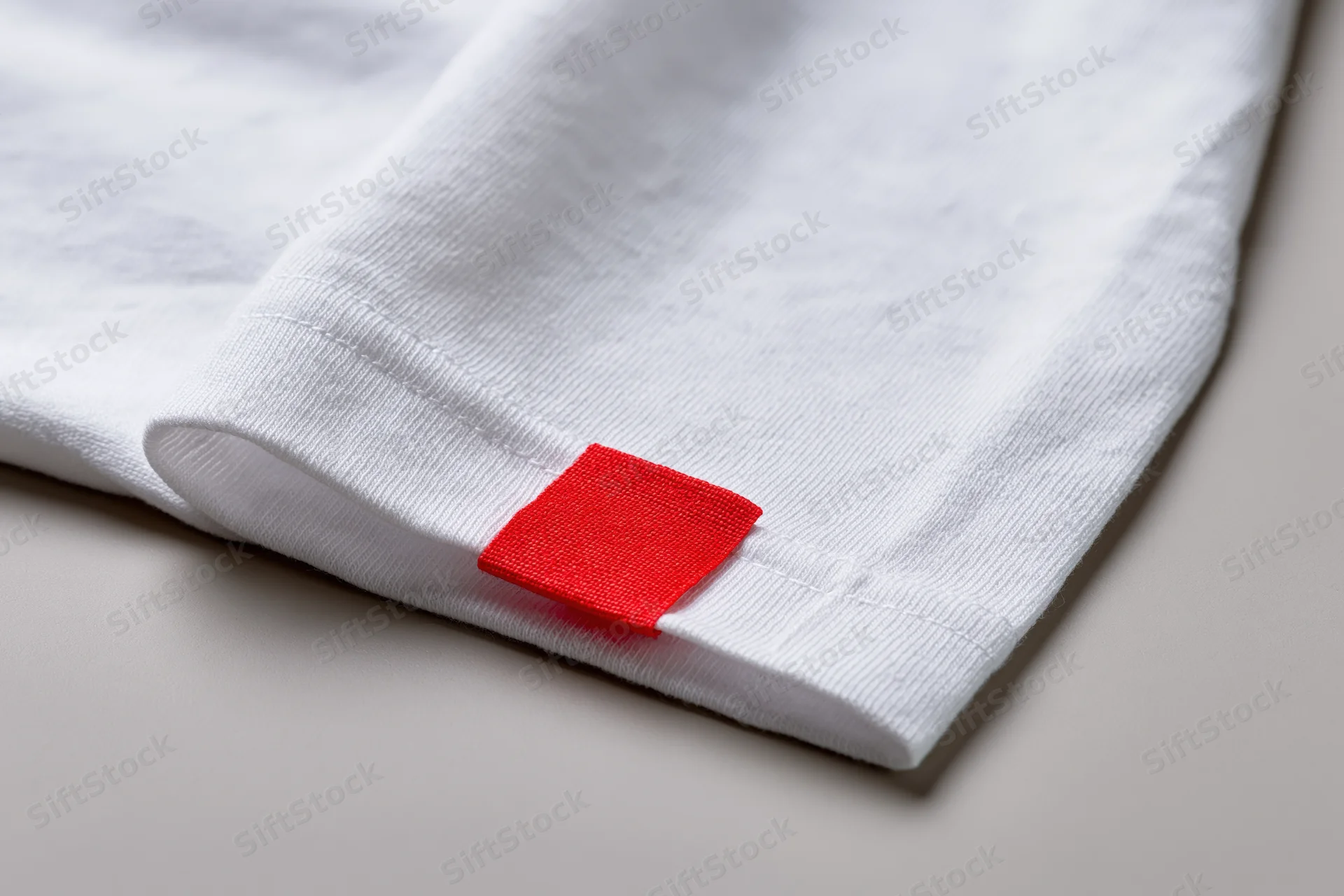 Close-up of white cotton t-shirt sleeve hem with red label on neutral background