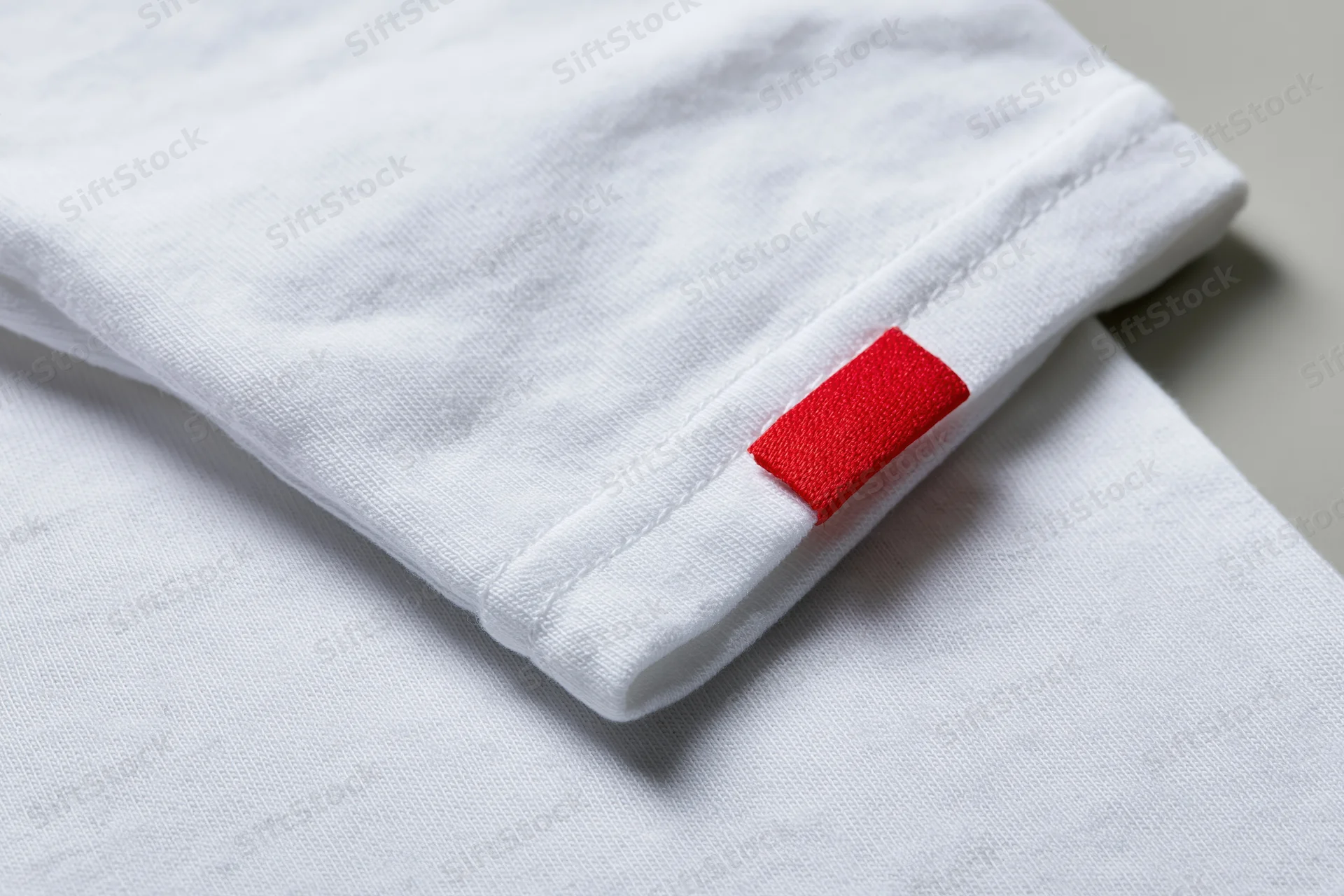 Close-up of white cotton t-shirt sleeve hem with red label tag