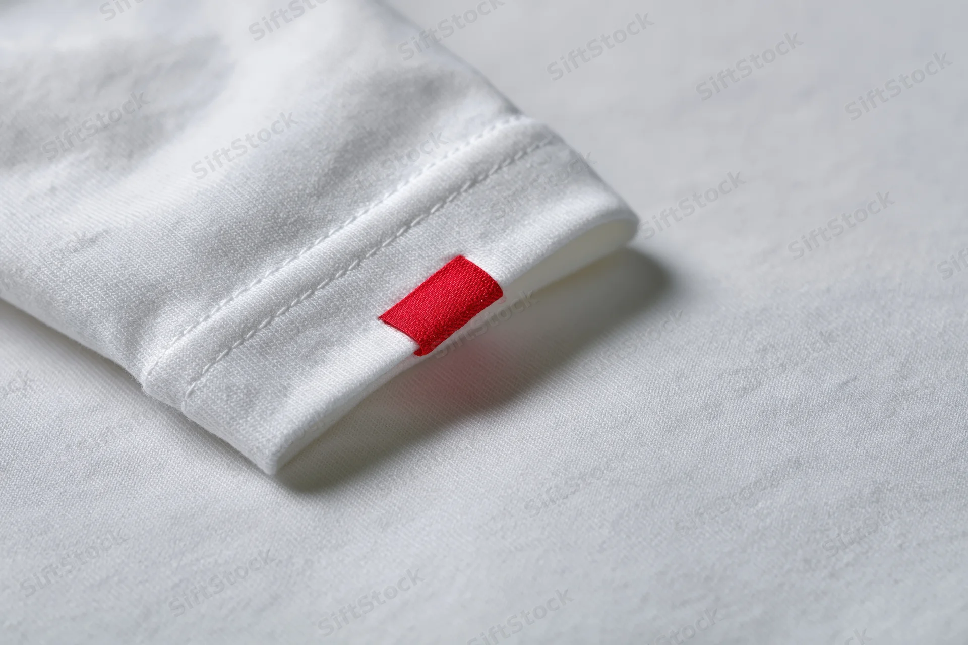 Close-up of white cotton t-shirt sleeve hem with red tag on plain surface