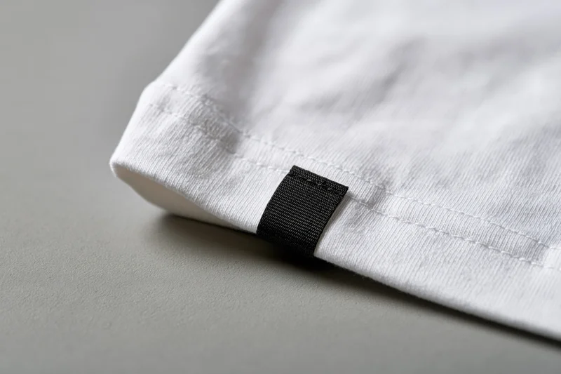 Close-up of white cotton t-shirt sleeve hem with black label tag on neutral surface