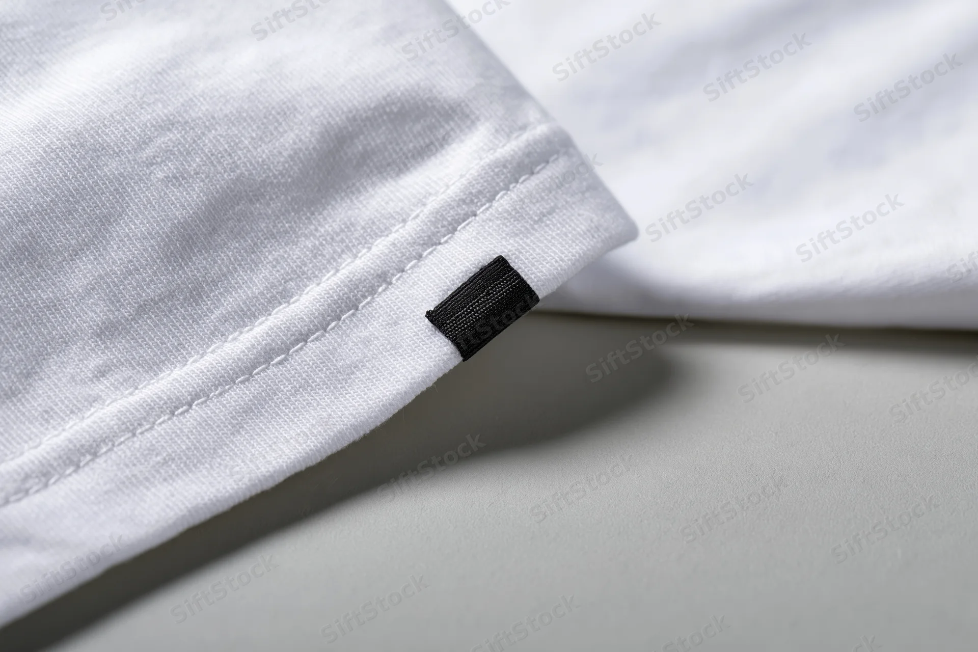 Close-up of white cotton t-shirt sleeve hem with small black label tag on neutral surface