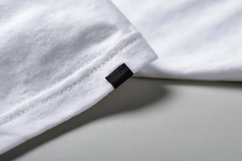 Close-up of white cotton t-shirt sleeve hem with small black label tag on neutral surface