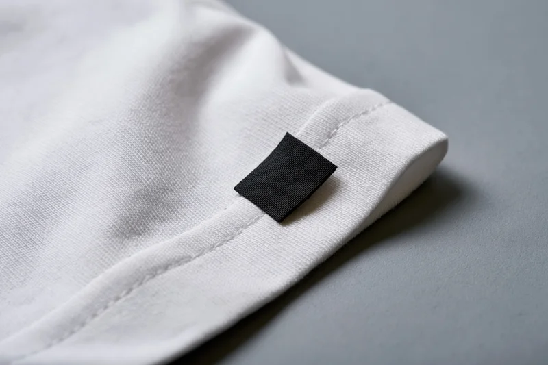 Close-up of white cotton t-shirt sleeve hem with black label tag on gray surface