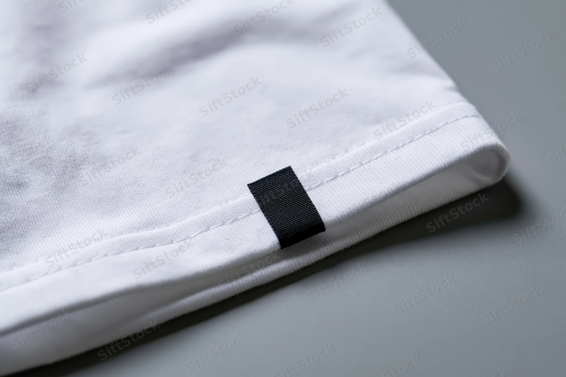 Close-up of white cotton t-shirt sleeve hem with black label on gray surface