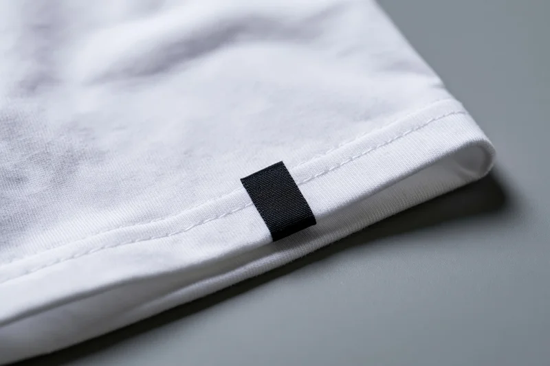 Close-up of white cotton t-shirt sleeve hem with black label on gray surface