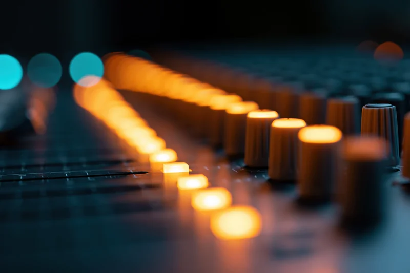Illuminated fader knobs on a professional audio mixer in a recording studio