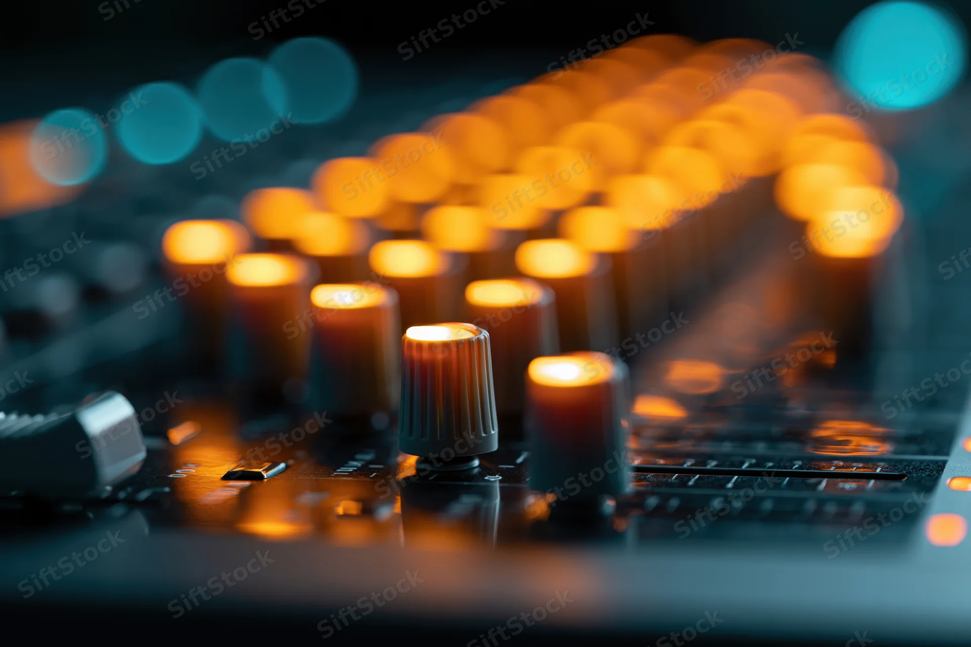 Illuminated fader knobs on a professional audio mixing console in a studio setting