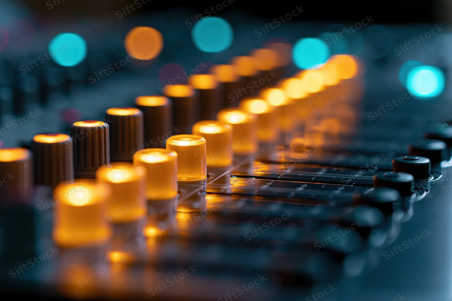 Illuminated fader knobs on a professional audio mixing console in a recording studio