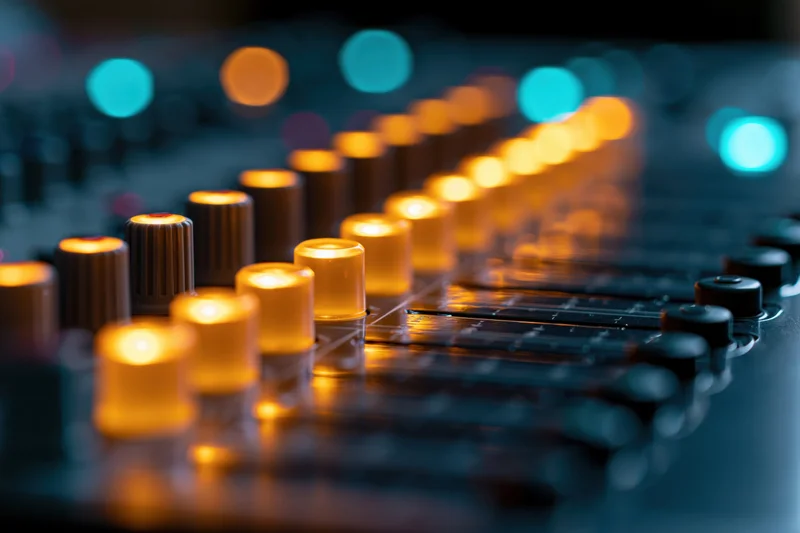 Illuminated fader knobs on a professional audio mixing console in a recording studio