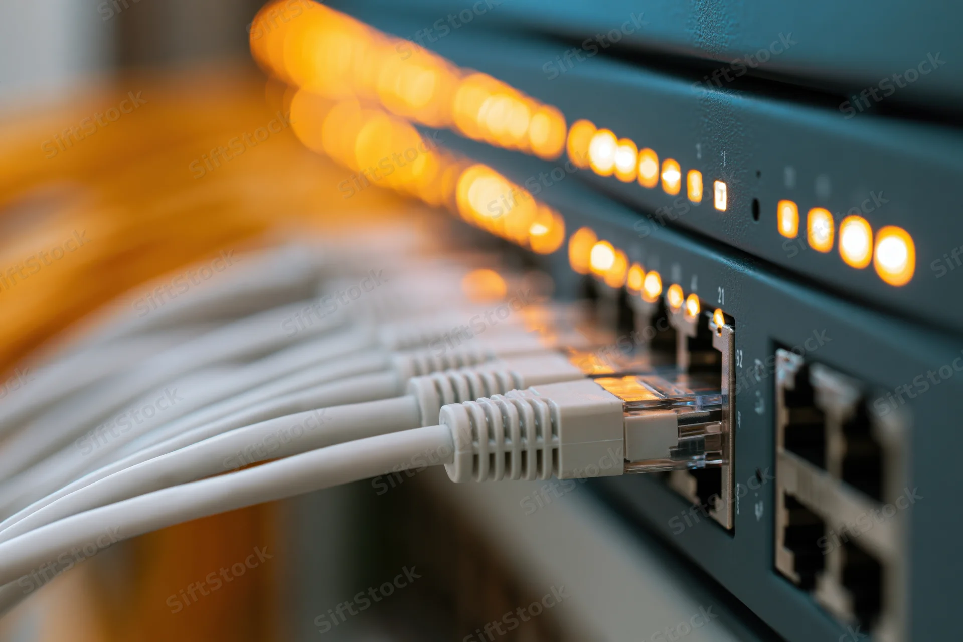 White ethernet cables plugged into a network switch with glowing orange leds
