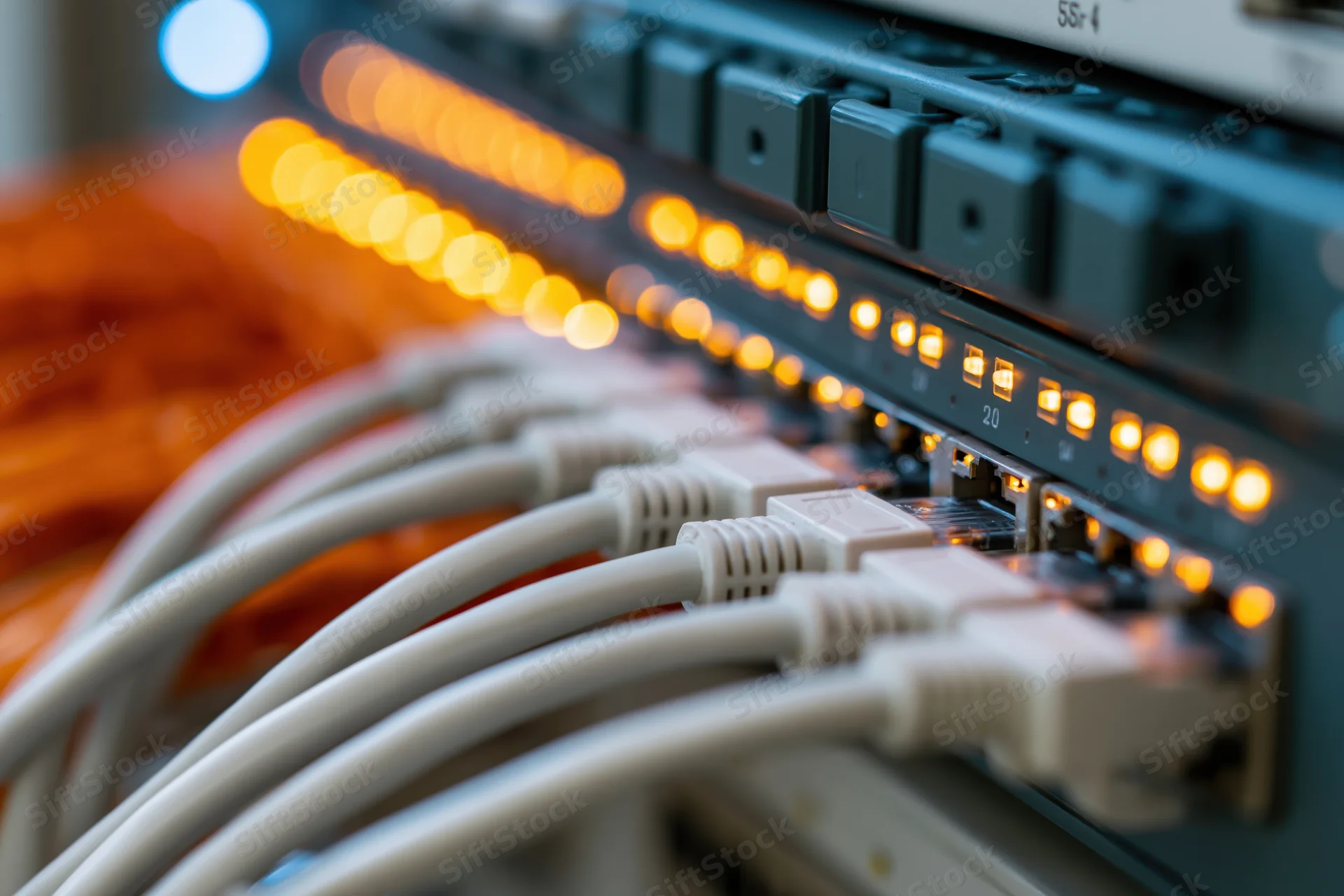 White ethernet cables plugged into a network switch with glowing orange leds